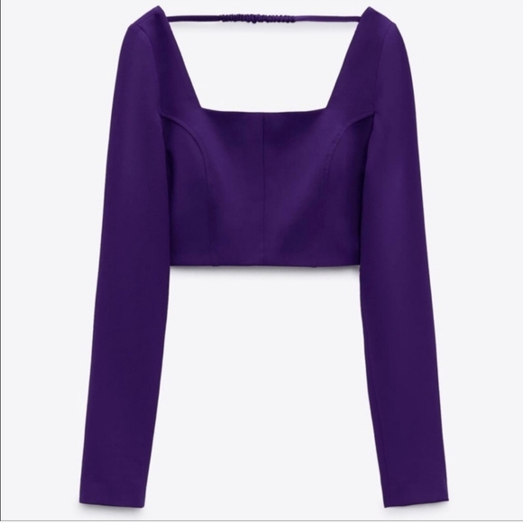 NEW! ZARA Long Sleeve Cropped Open Back Square Neck Bustier Style Top Purple - Picture 2 of 11